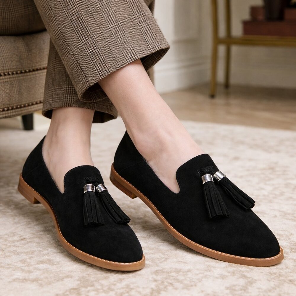 Franco Sarto Womens Sz 8 Black Suede Tassel Loafer Flats Slip Business Academia